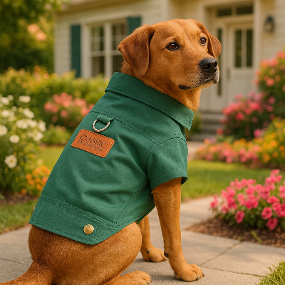 manteau pour petit chien vert au printemps devant maison