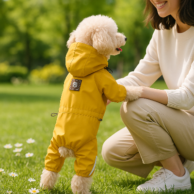 manteau raflaichissant pour chien devant maitre au printemps