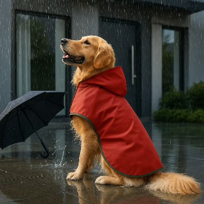 manteau raflaichissant pour chien rouge assis sous la pluie maison