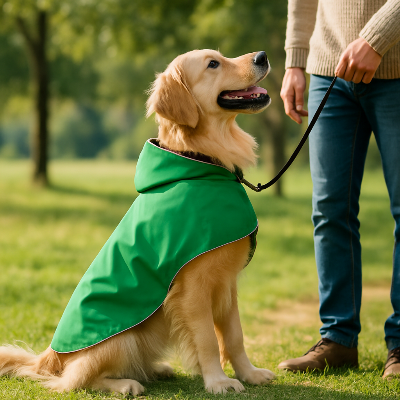 manteau raflaichissant pour chien sur un parc son maitre