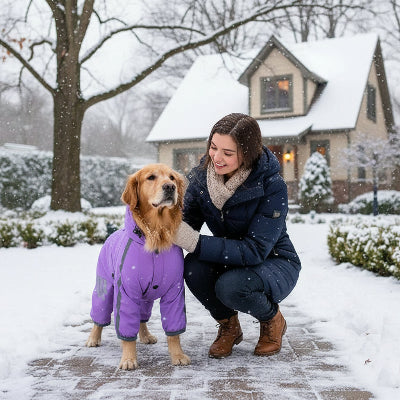 manteau raflaichissant pour chien violet devant maison avec son maitre