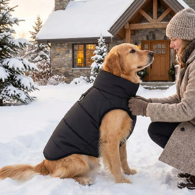 manteaux pour chiens noir maitre devant la maison neige