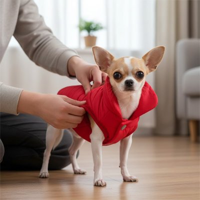 Manteaux pour Chiens rouge avec maitre au salon 