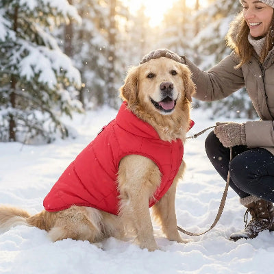 manteaux pour chiens rouge foret avec maitre neige