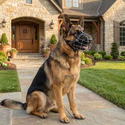 museliere argent chien assis devant une belle maison