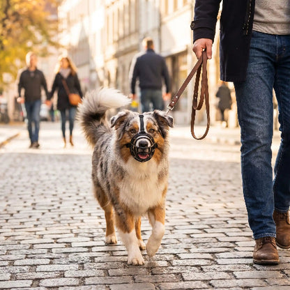 museliere berger australien confort chien et  maître se balade