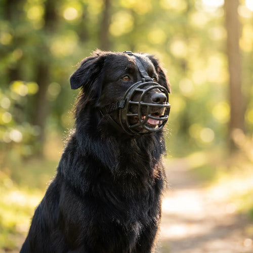 museliere berger australien confort chien noir assis forêt 