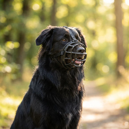 museliere berger australien confort chien noir assis forêt 