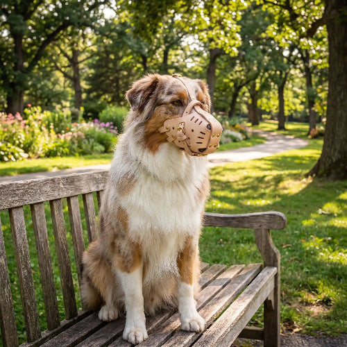 muselière  berger australien en cuir respirant chien sur un banc
