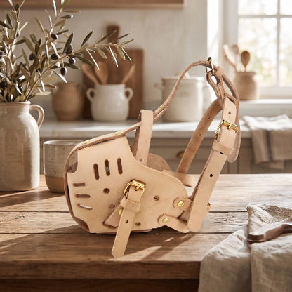 muselière berger australien en cuir respirant khaki sur table cuisine