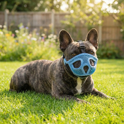 museliere bouledogue ajustable et doux bleu sur le gazon