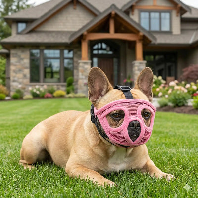 museliere bouledogue ajustable et doux rose sur le gazon devant la maison