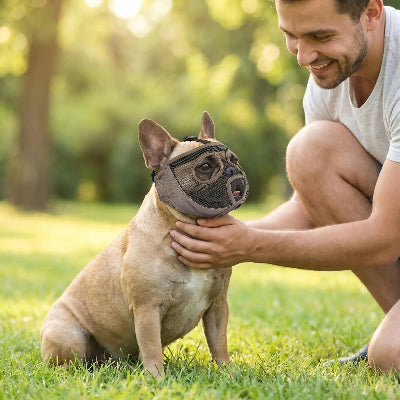 muselière bouledogue français ajustement parfait maître lui sourit