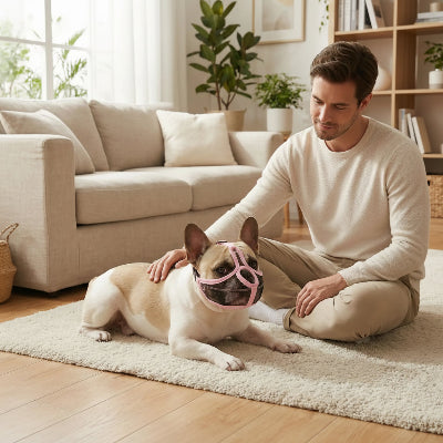 muselière bouledogue francais force en confort chien au salon devant son maitre