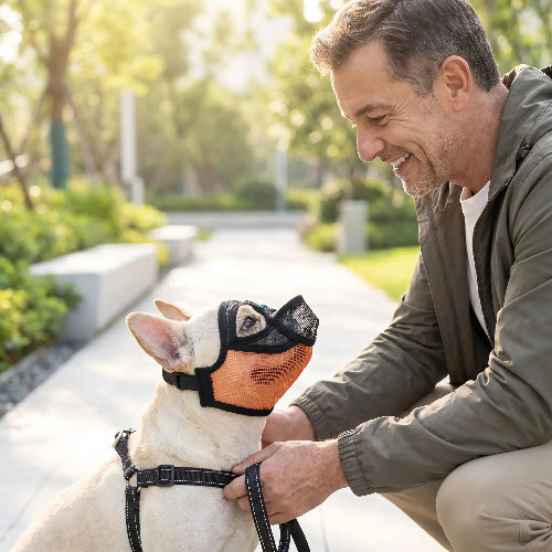 muselière bouledogue francais orange  maître sourit chien assis
