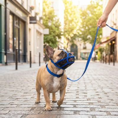 muselière bouledogue francais respirante bleu balade dans la rue avec son maitre