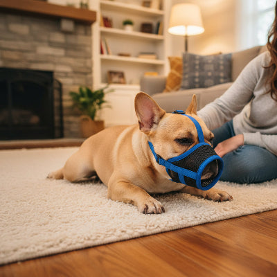 muselière bouledogue francais respirante durable chien couche sur un tapis au salon a cote son maitre
