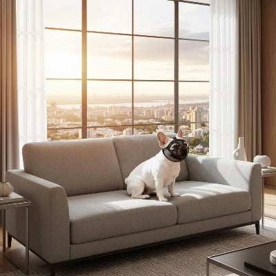 museliere bouledogue respirante confort aux balades chien assis sur le sofas