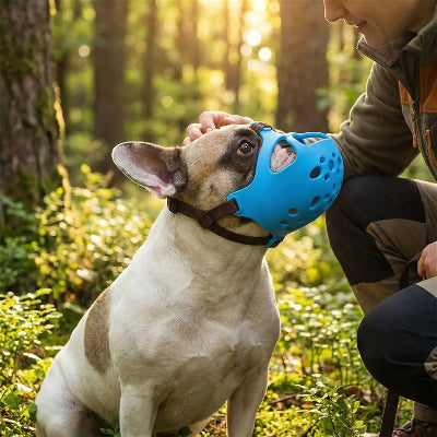 museliere bouledogue silicone souple bleu dans la foret avec son maitre