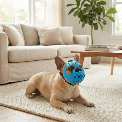 museliere bouledogue silicone souple bleu sur tapis au salon