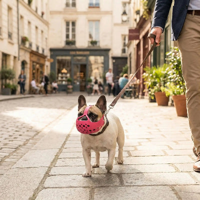 museliere bouledogue silicone souple rose rouge au centre ville maitre
