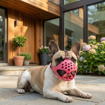 museliere bouledogue silicone souple rose rouge devant la maison