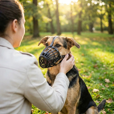 museliere cage Maitre face a son chien avec main au visage du chien