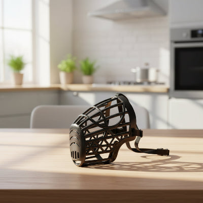 museliere cage noir sur une table dans une cuisine