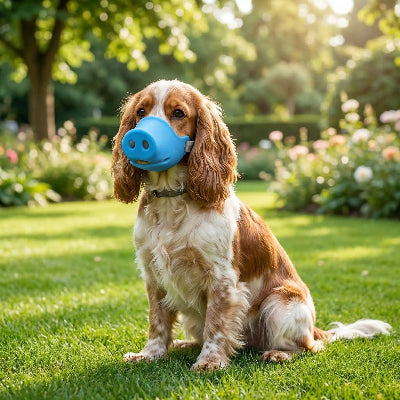 museliere chien assis sur pelouse devant une maison