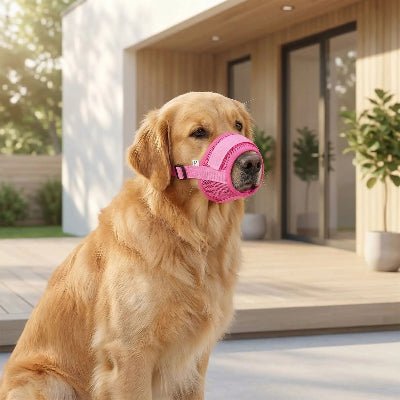 muselière chien confortable maille respirante assis devant une maison