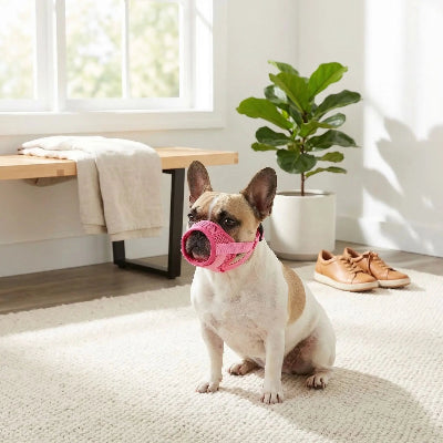 muselière chien confortable maille respirante petit chien assis dans la maison