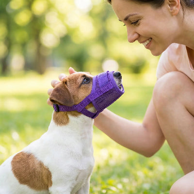 muselière chien confortable maille respirante petit chien au parc son maitre lui sourit 
