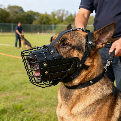 museliere chien cuir avec son maitre sur un terrain