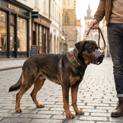 museliere chien cuir marron avec son maitre au centre ville