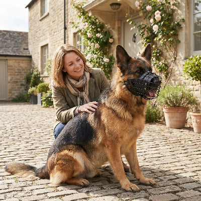 museliere chien cuir noir avec son maitre dans une cours de maison