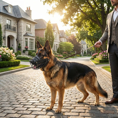 museliere chien cuir noir devant une tres belle maison avec son maitre