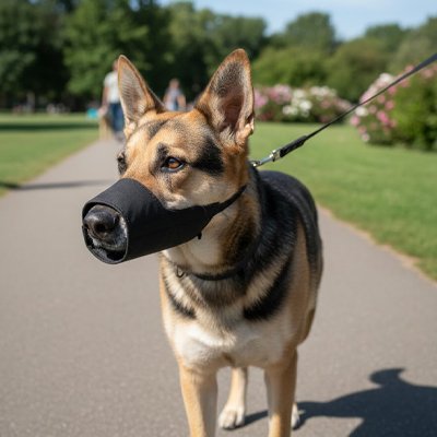Muselière chien​ noir beau promenade soleil 