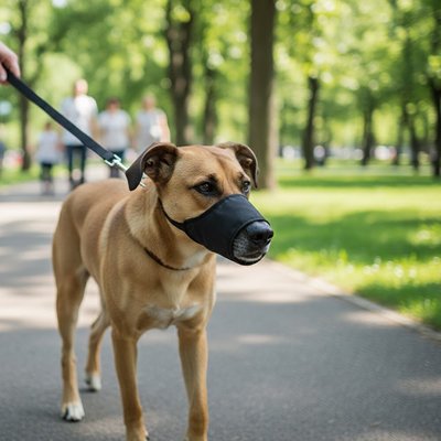 Muselière chien​ noir promene au parc maitre soleil