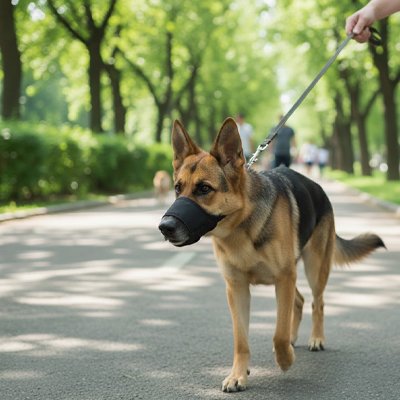 Muselière chien​ noir se promene avec son maitre esprit tranquille 