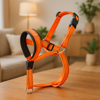 museliere chien orange leger regleble dans un salon