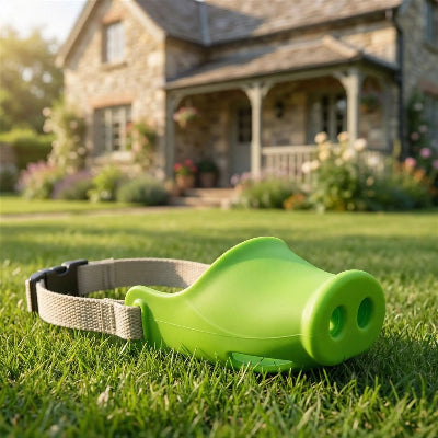 museliere chien vert sur une pelouse devant une maison