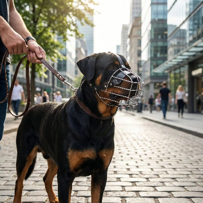 
Muselière chiot ajustable inébranlable 
 chien balade au centre ville avec son maitre