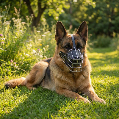 Muselière chiot ajustable inébranlable 
 chien couche sur la pelouse