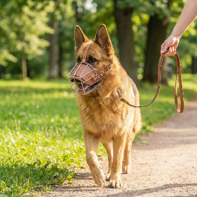 Muselière chiot ajustable inébranlable 
chien promene avec son maitre