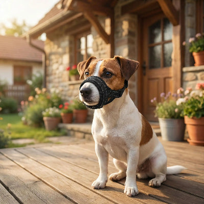 museliere chiot assis devant une maison au confort