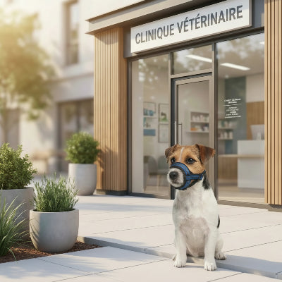 museliere chiot bleu assis devant une clinique veterinaire