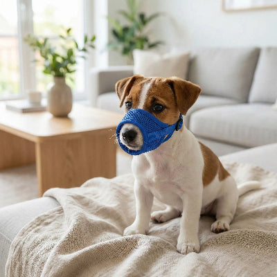 museliere chiot bleu assis sur un divan au salon