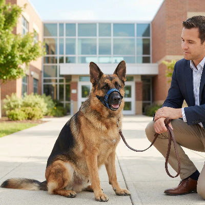 museliere chiot bleu avec son maitre devant une belle ecole