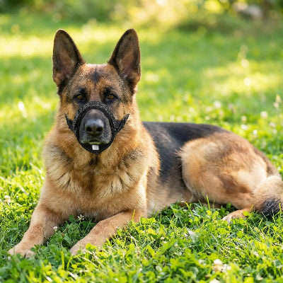 museliere chiot couche confortablement sur la pelouse