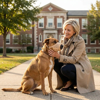 museliere chiot jaune assis sur le gazon